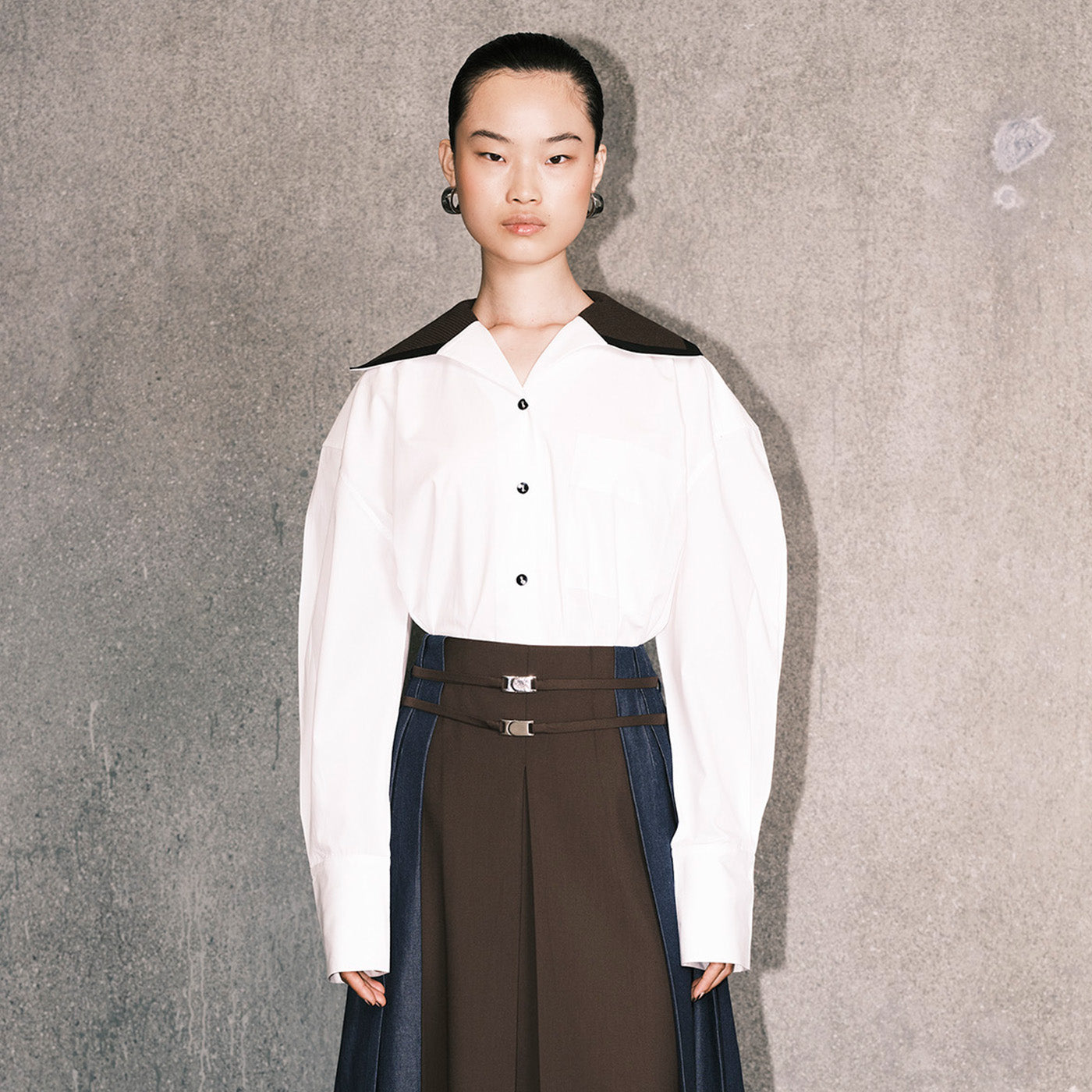 Oversized White Cotton Shirt with Ribbed Collar