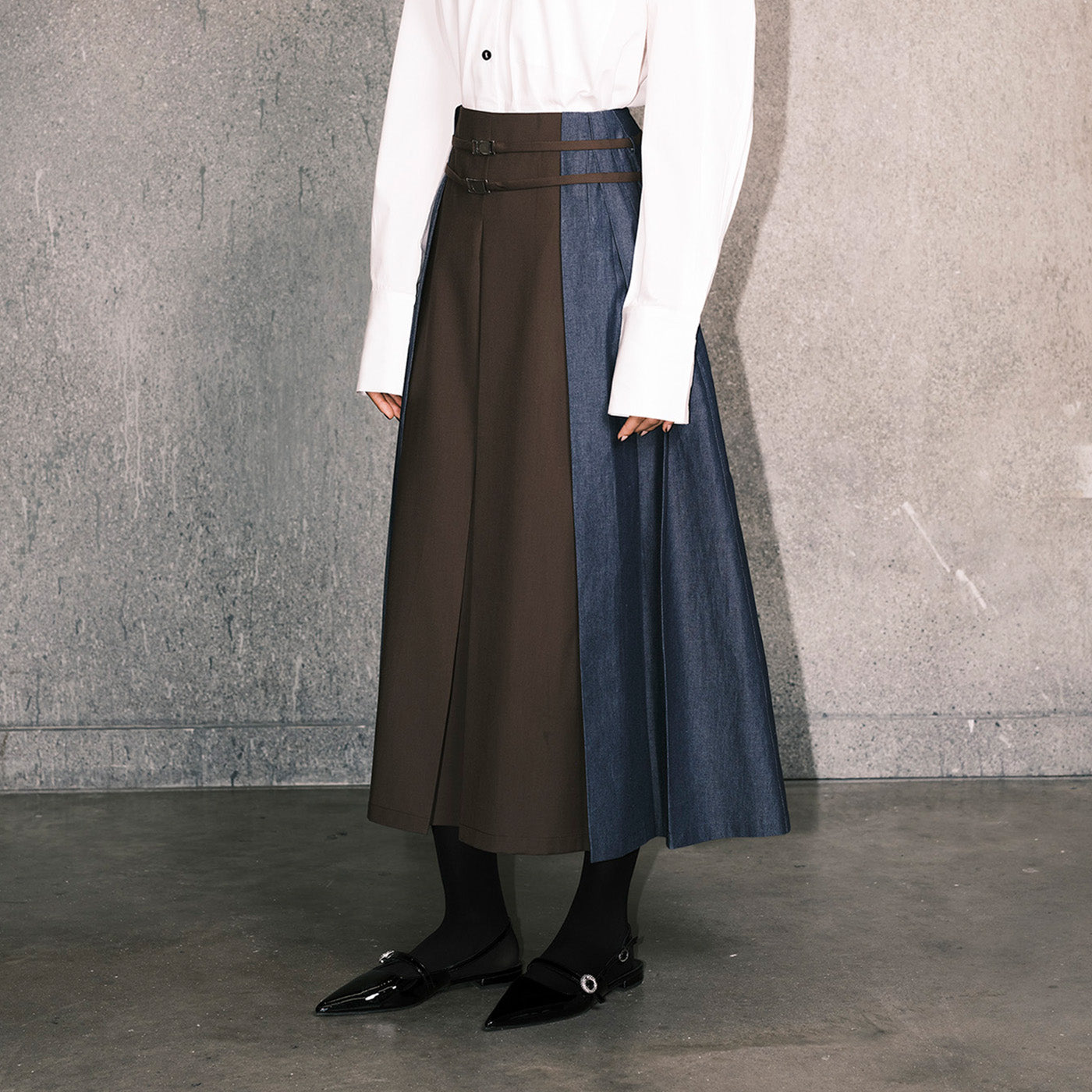 Light Denim and  Twill Pleated Skirt