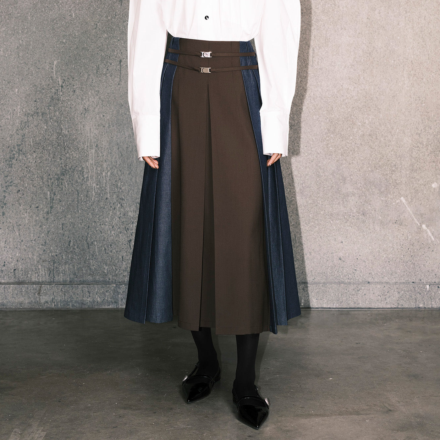 Light Denim and  Twill Pleated Skirt