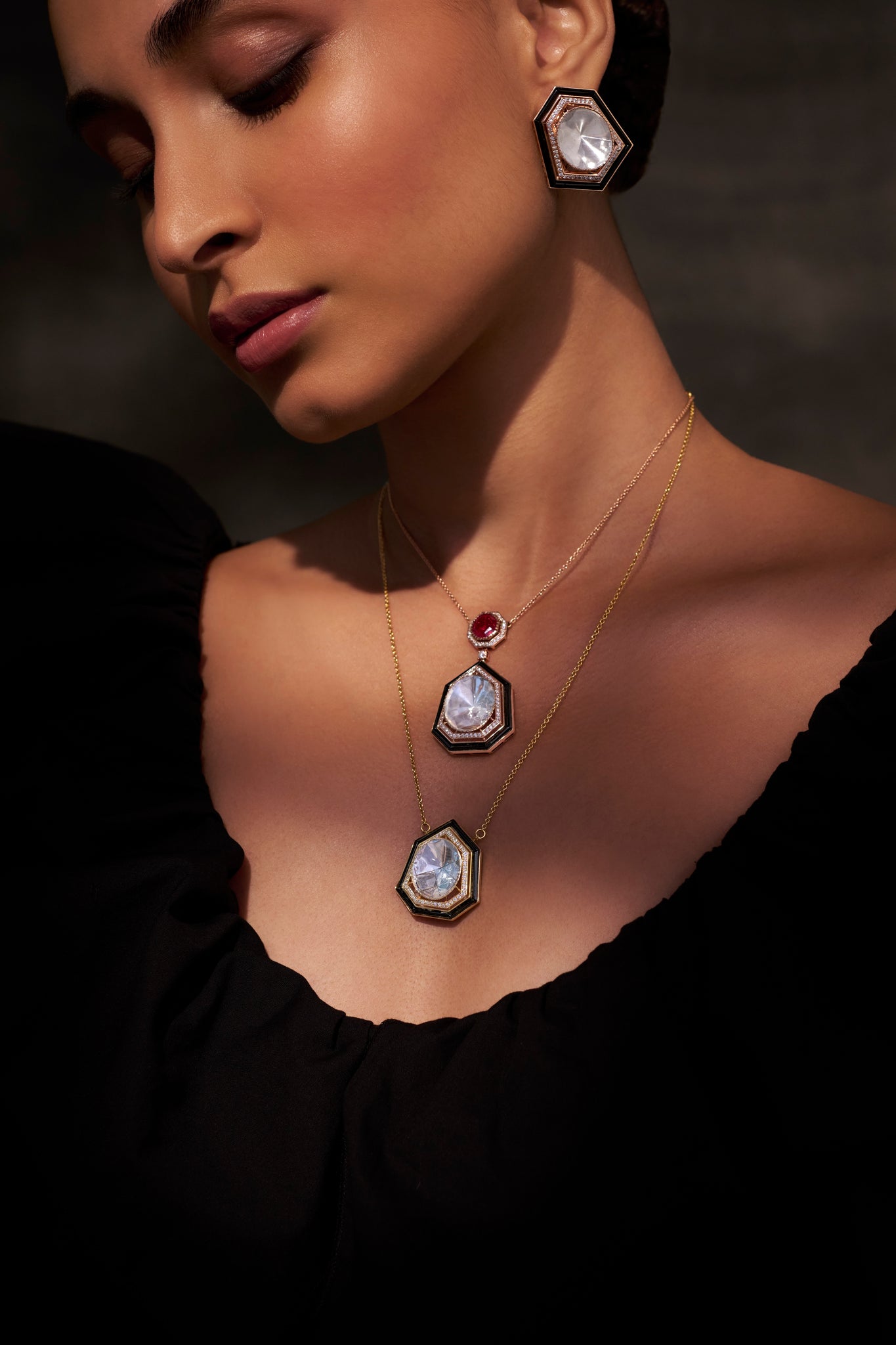 Uncut Diamond Pendant With Ruby-Black Onyx