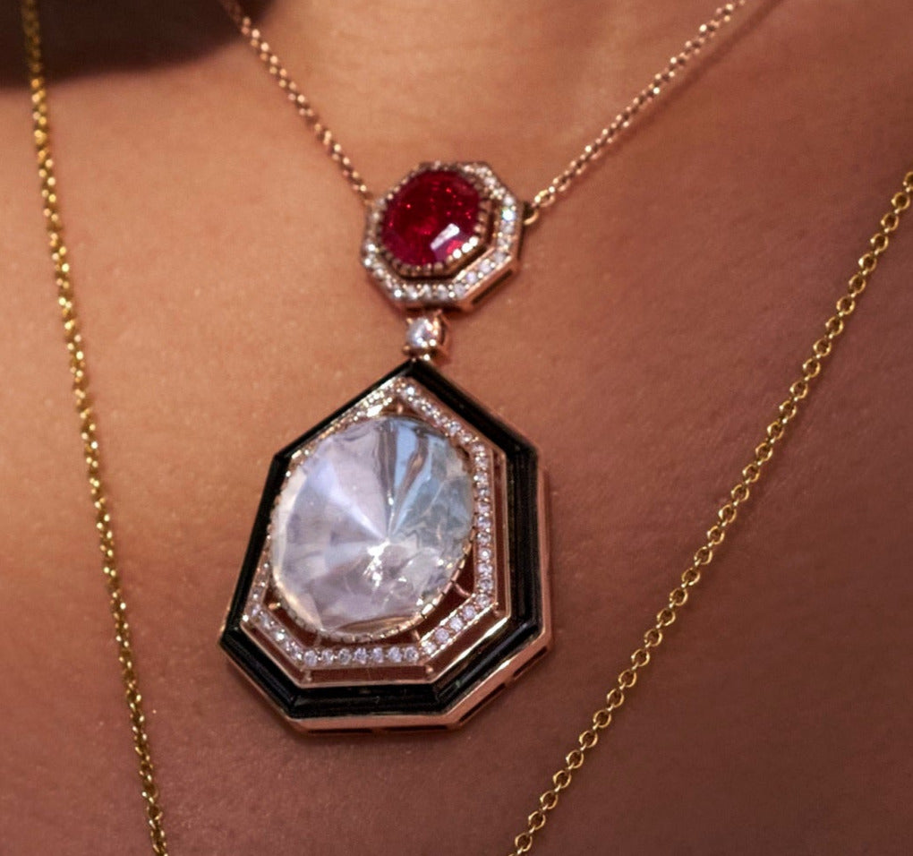 Uncut Diamond Pendant With Ruby-Black Onyx